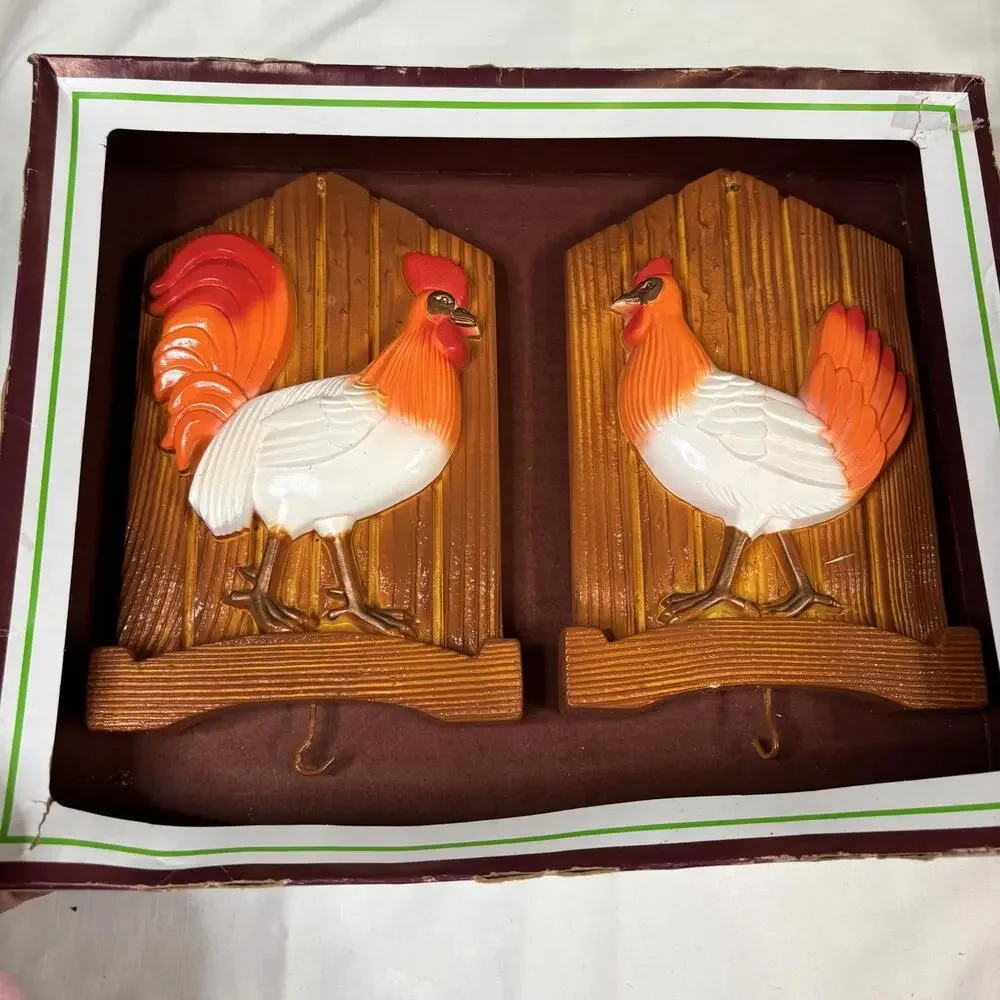 Vintage 80s Miller Studio chalkware rooster hangers